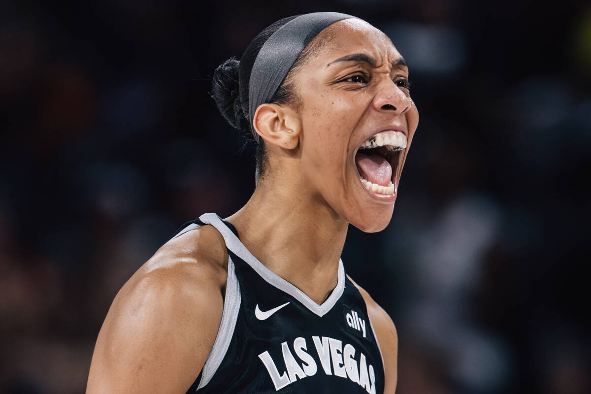 Aces center A'ja Wilson (22) celebrates during game two of of a WNBA finals game between t ...