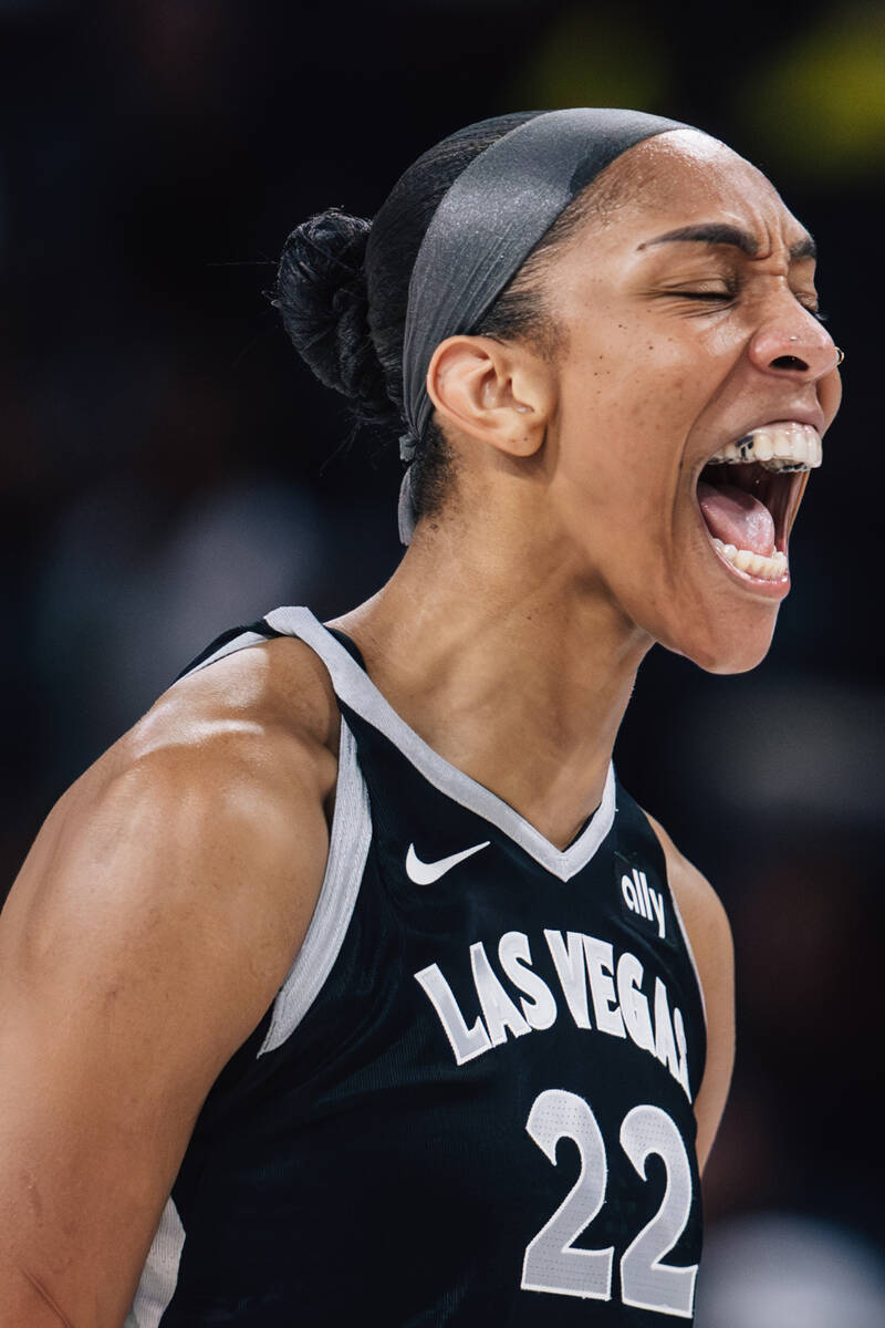 Aces center A'ja Wilson (22) yells during game two of of a WNBA finals game between the Ac ...
