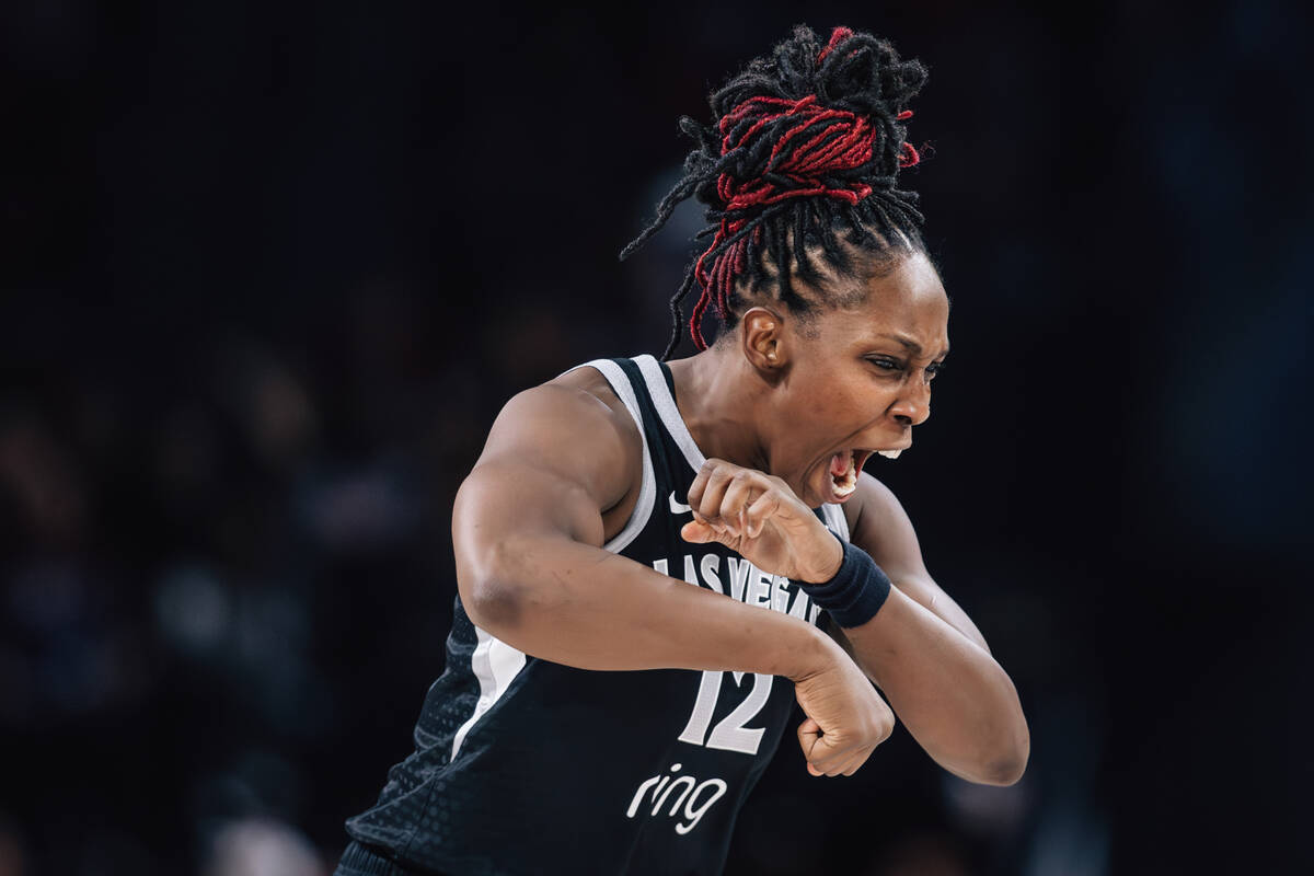 Aces guard Chelsea Gray (12) celebrates during game two of of a WNBA finals game between the Ac ...