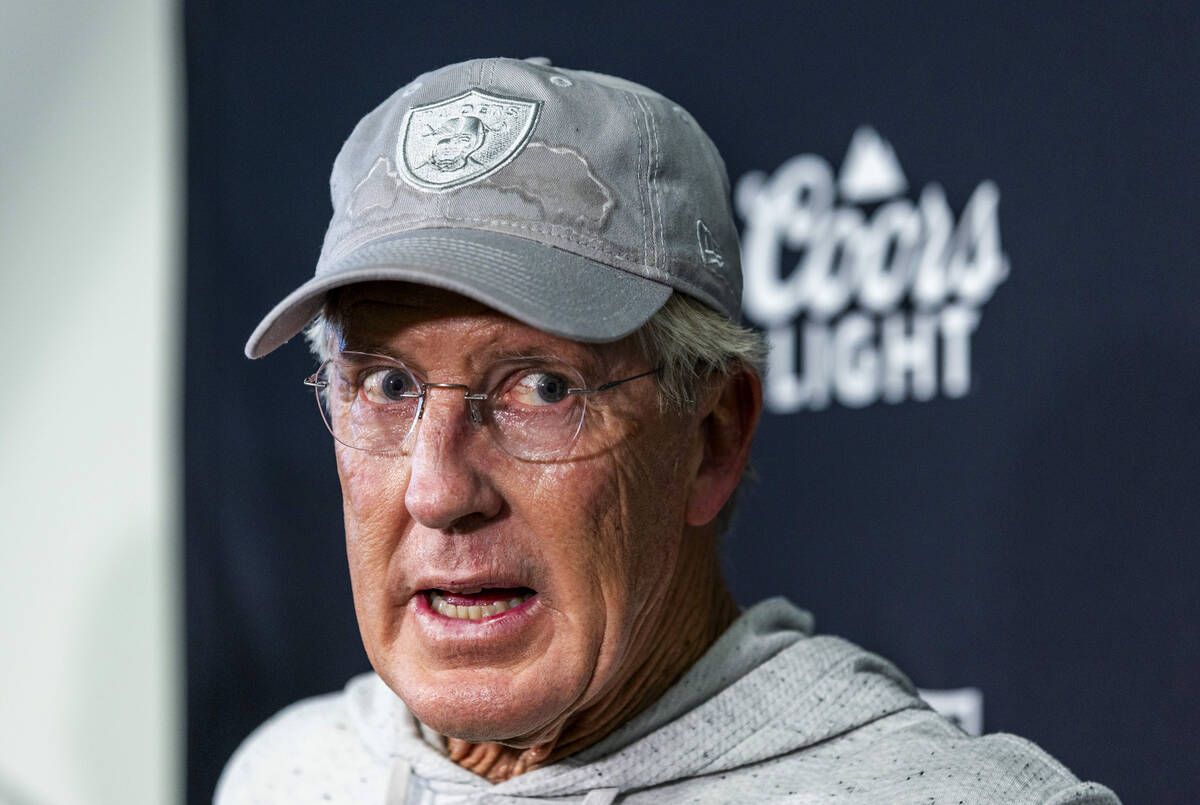 Raiders head coach Pete Carroll answers questions during a media interview at the Intermountain ...