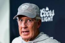 Raiders head coach Pete Carroll answers questions during a media interview at the Intermountain ...