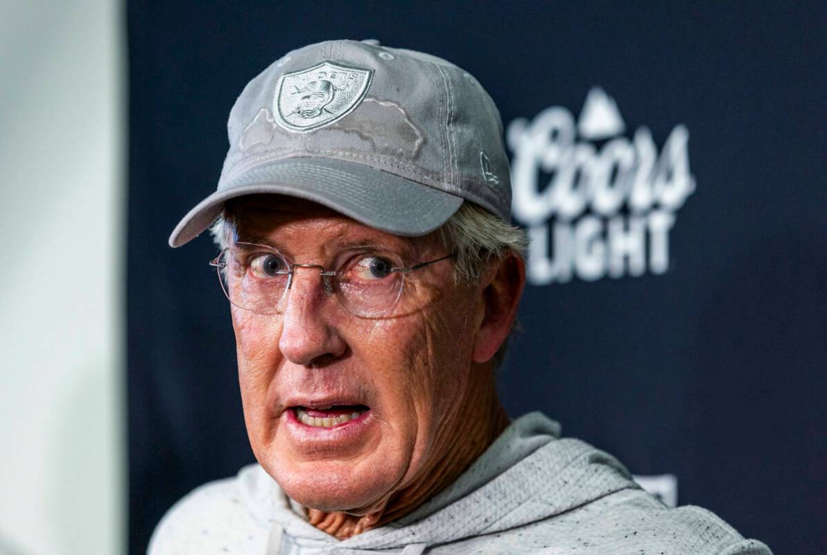 Raiders head coach Pete Carroll answers questions during a media interview at the Intermountain ...