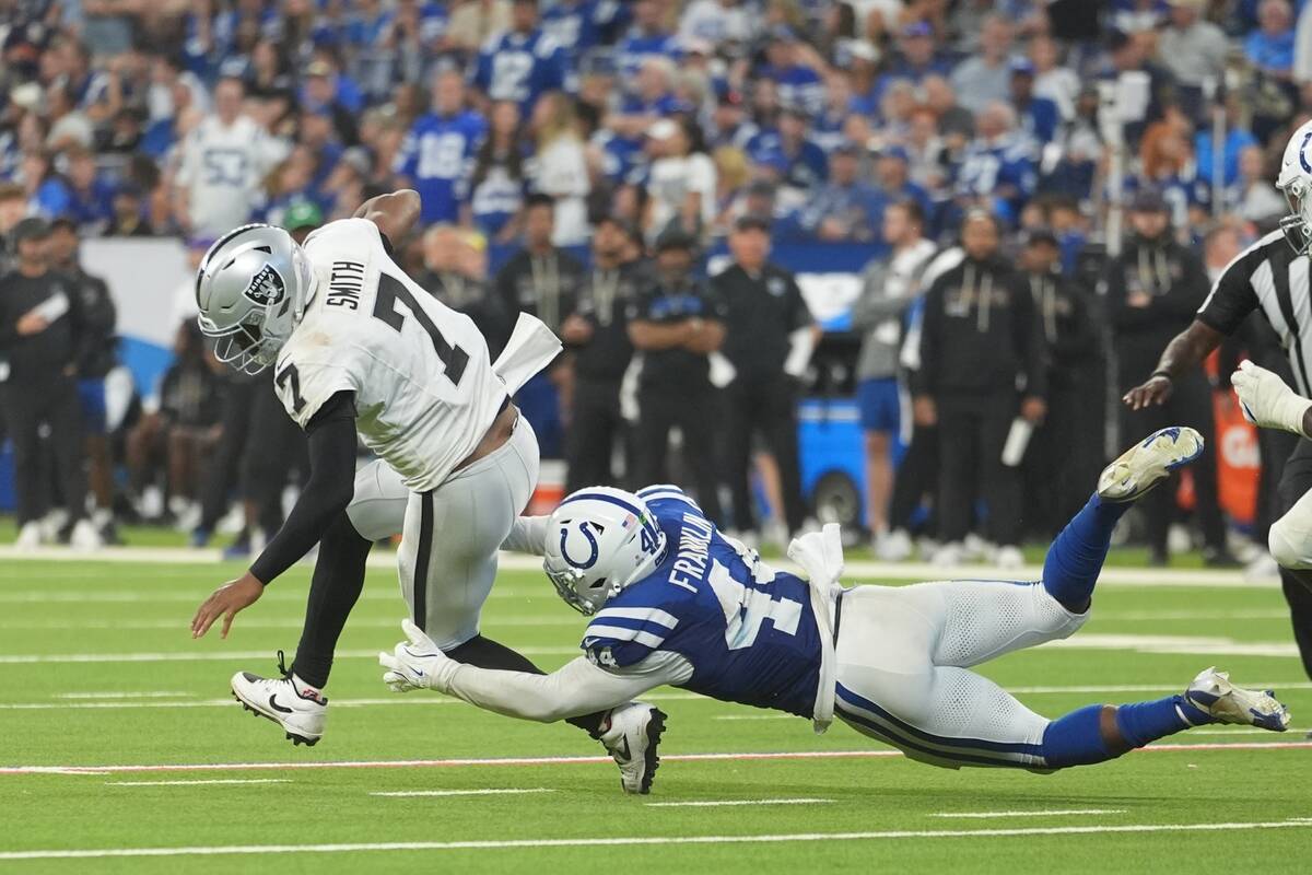 Las Vegas Raiders quarterback Geno Smith (7) is sacked by Indianapolis Colts outside linebacker ...