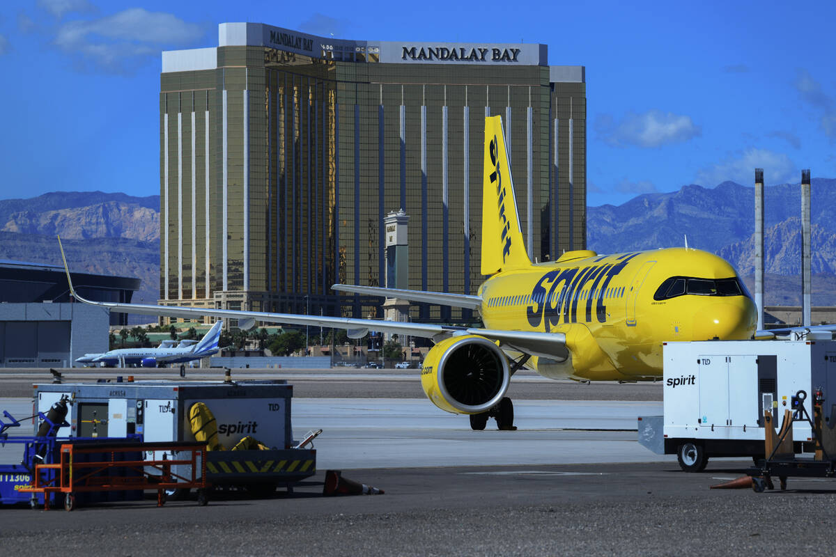 A Spirit Airlines jet is seen parked at Harry Reid International Airport Saturday, October 4, 2 ...