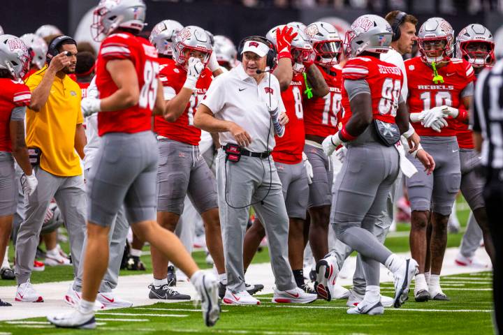 UNLV head coach Dan Mullen is pleased with his players against the Idaho State Bengals during t ...