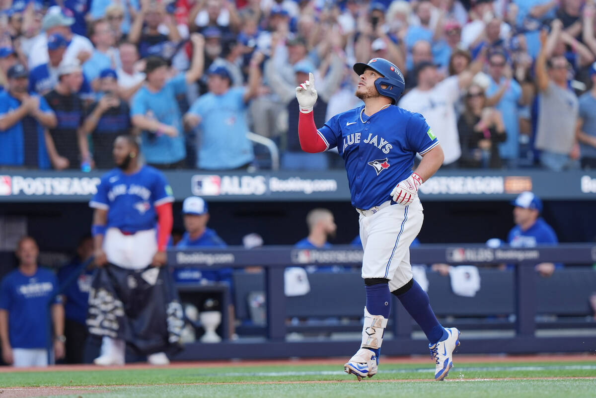 Toronto Blue Jays' Alejandro Kirk (30) celebrates his solo home run during the second inni ...