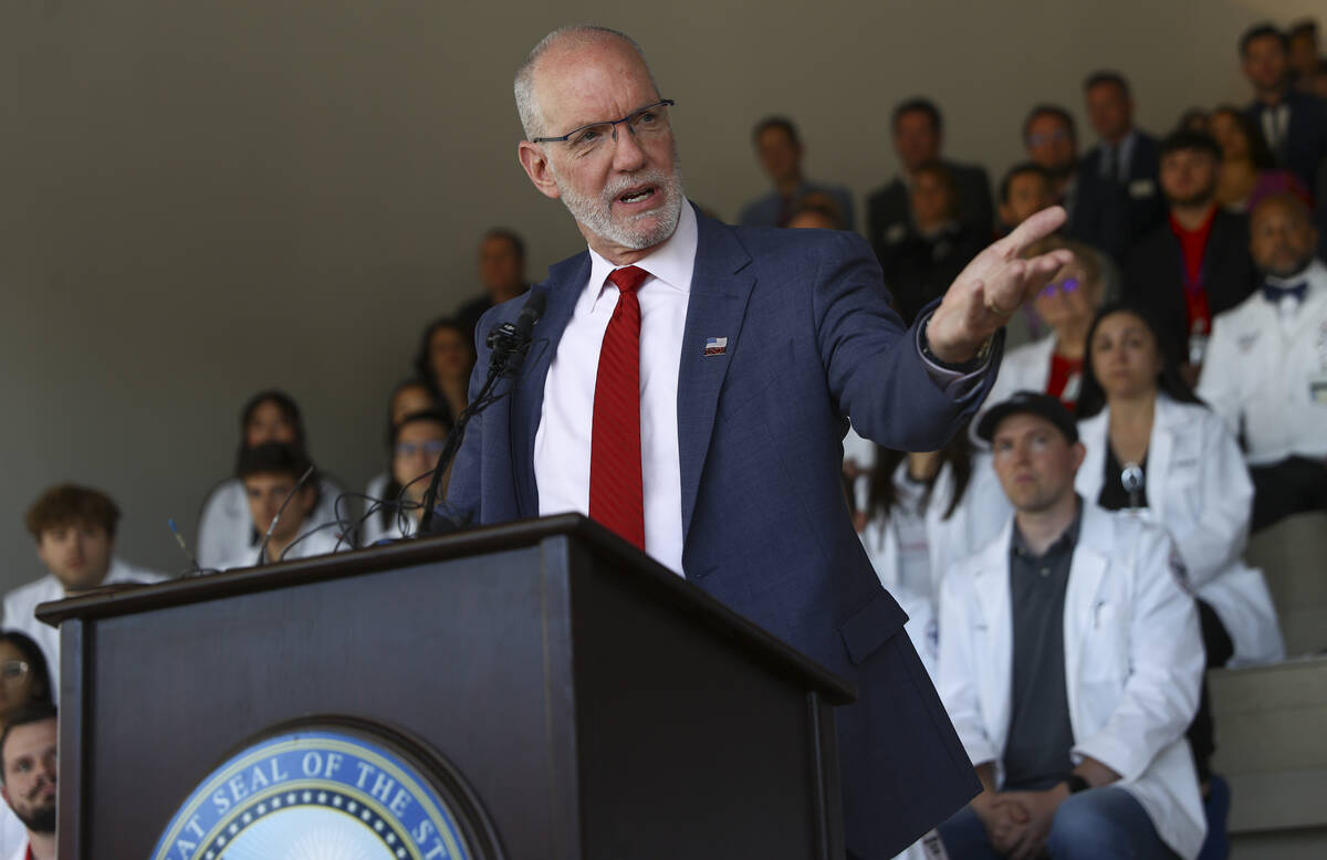 Chris Heavey, interim president of UNLV, speaks at the Kirk Kerkorian School of Medicine on Thu ...