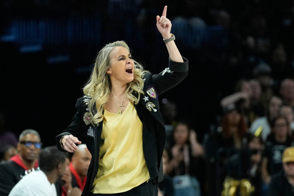 Las Vegas Aces head coach Becky Hammon yells during the second half in Game 2 of the WNBA baske ...