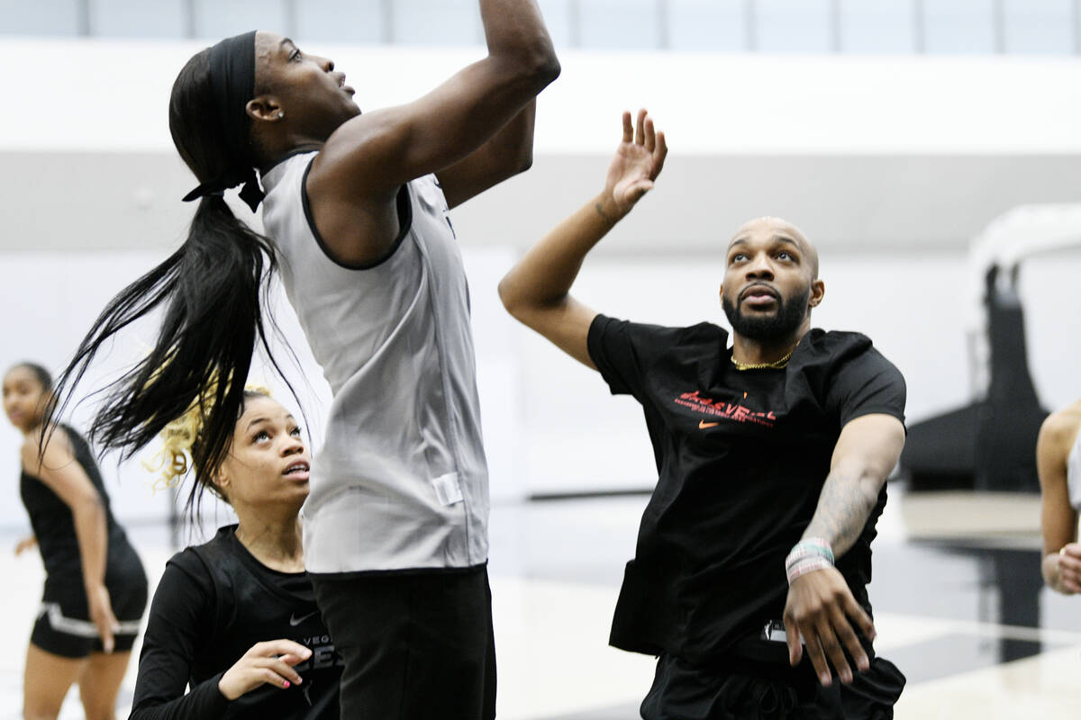 Las Vegas Aces practice player P.J. Savoy Jr. played defense during the Aces first day of train ...