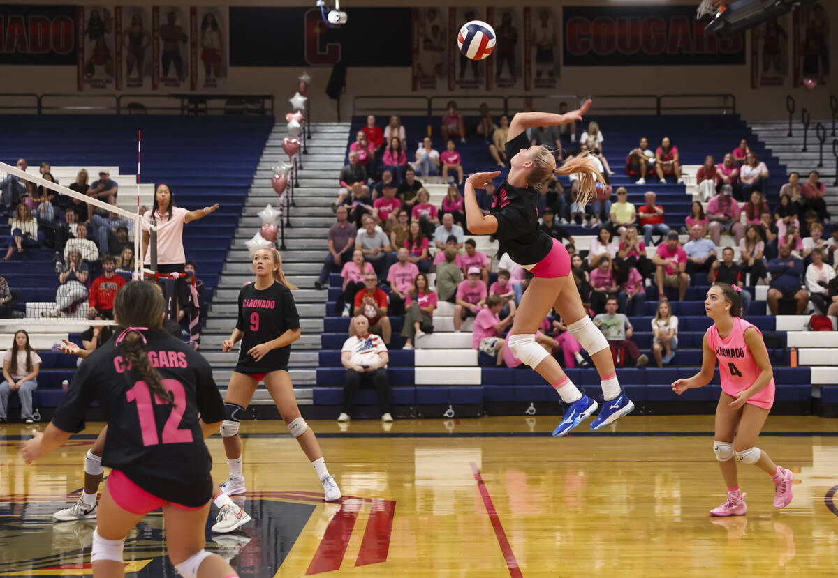 Coronado's Gentry Oblad (7) lines up the ball during a volleyball game at Coronado High Sc ...