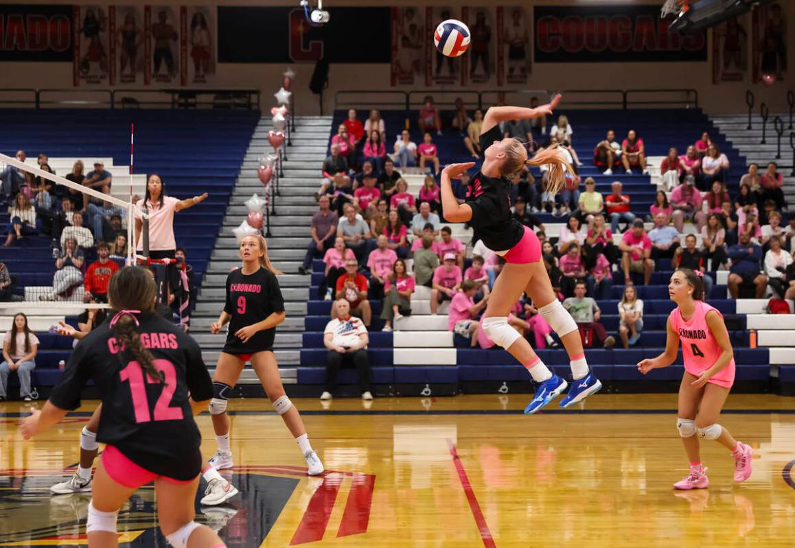 Coronado's Gentry Oblad (7) lines up the ball during a volleyball game at Coronado High Sc ...