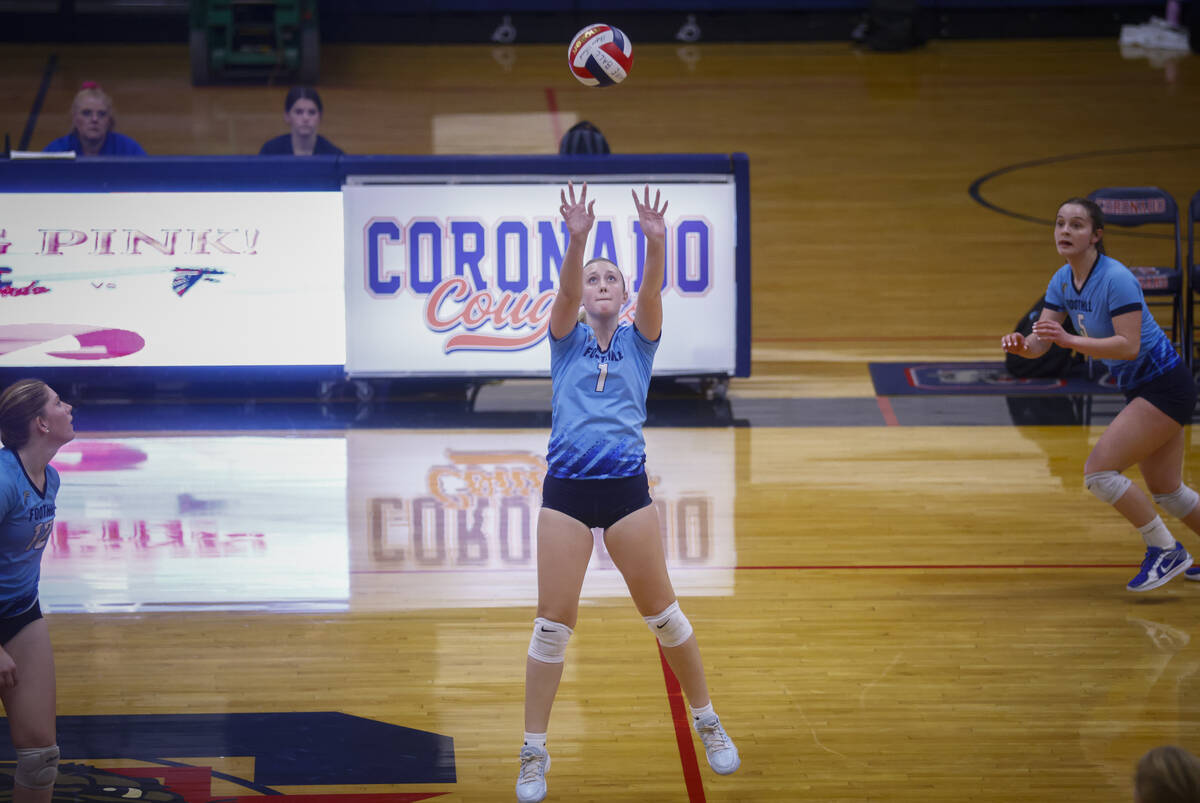 Foothill's Addison Chase (1) sets the ball during a volleyball game at Coronado High Schoo ...