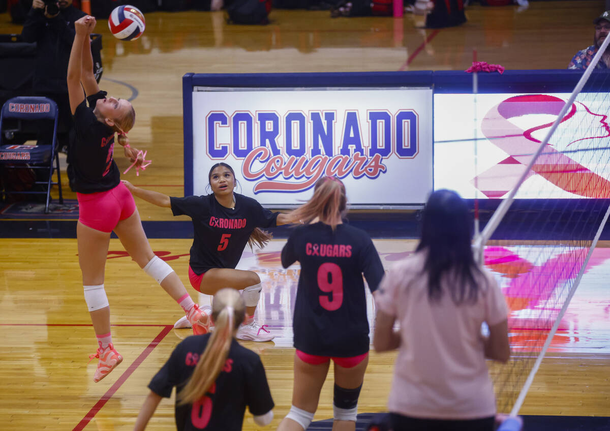 Coronado's Julie Beckham (2) hits the ball during a volleyball game against Foothill at Co ...
