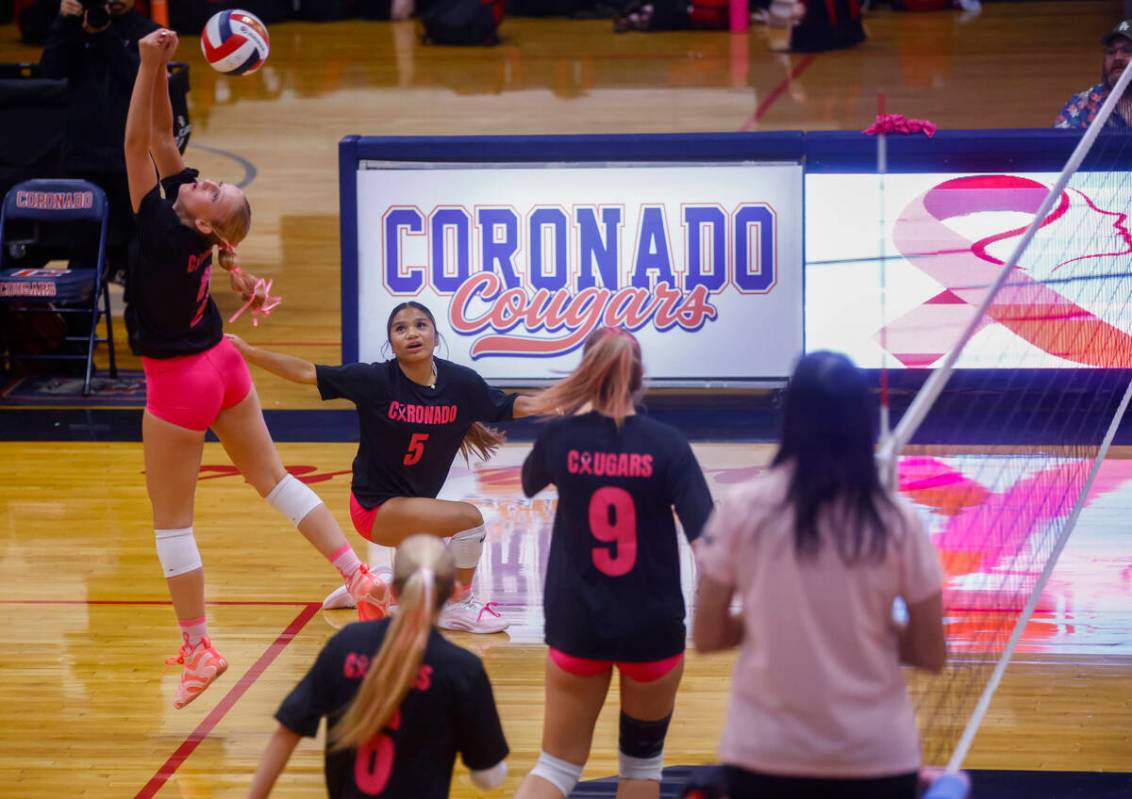 Coronado's Julie Beckham (2) hits the ball during a volleyball game against Foothill at Co ...