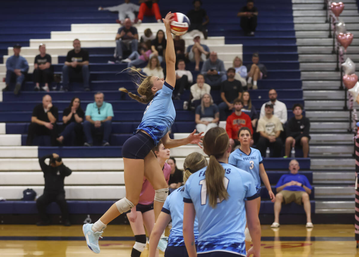 Foothill's Bryn Neibaur (9) hits the ball during a volleyball game at Coronado High School ...