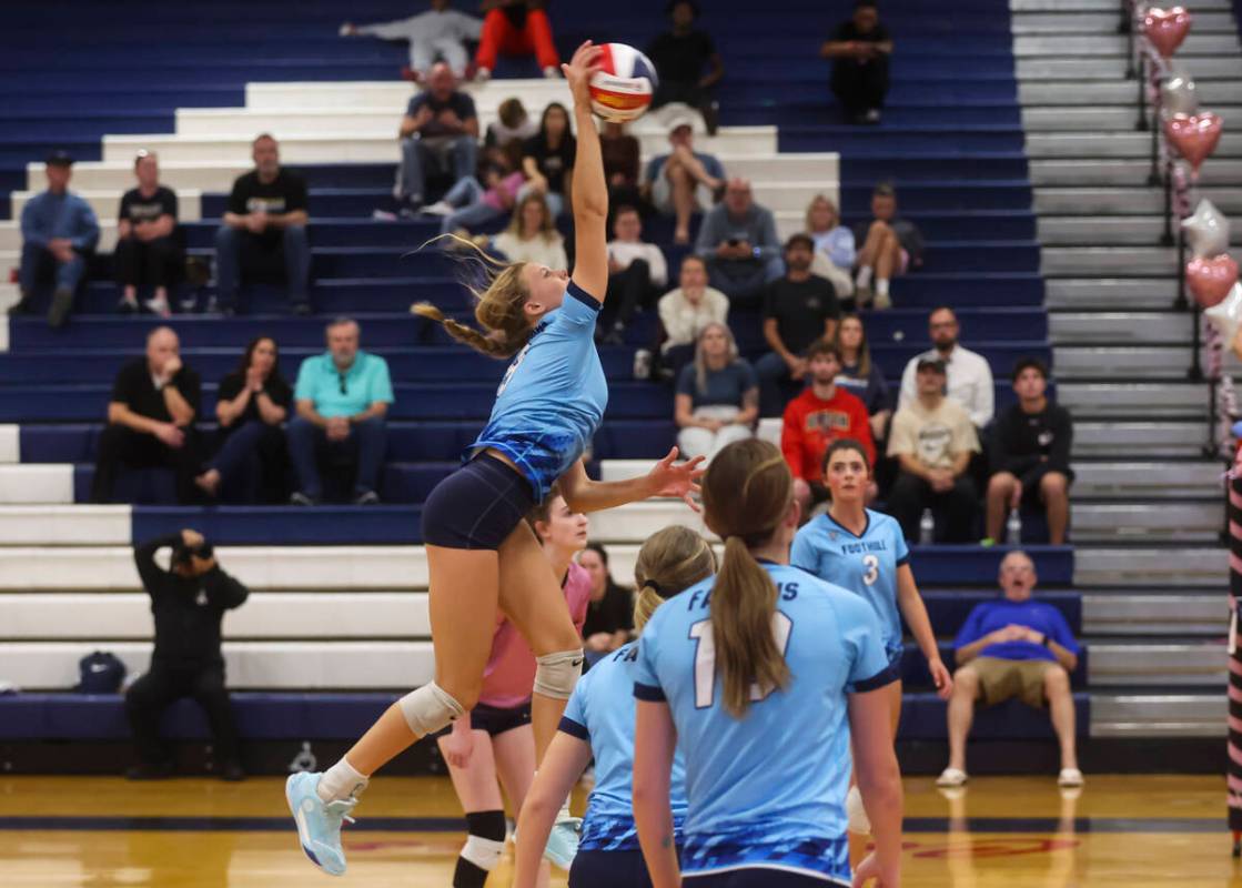 Foothill's Bryn Neibaur (9) hits the ball during a volleyball game at Coronado High School ...