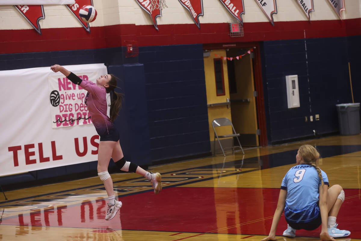 Foothill's Avery Wright jumps for a save during a volleyball game at Coronado High School ...