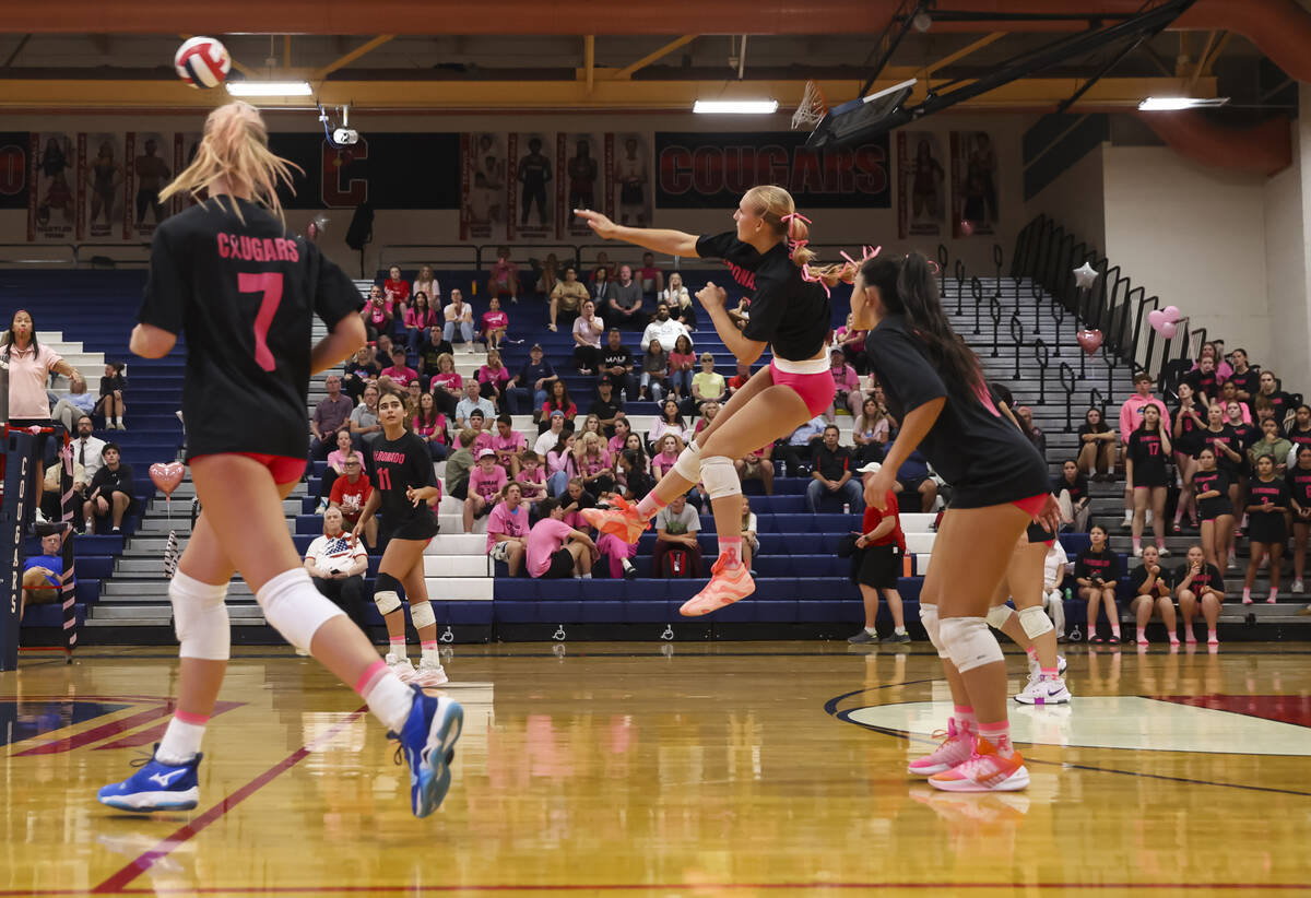 Coronado's Julie Beckham (2) sends the ball to Foothill during a volleyball game at Corona ...