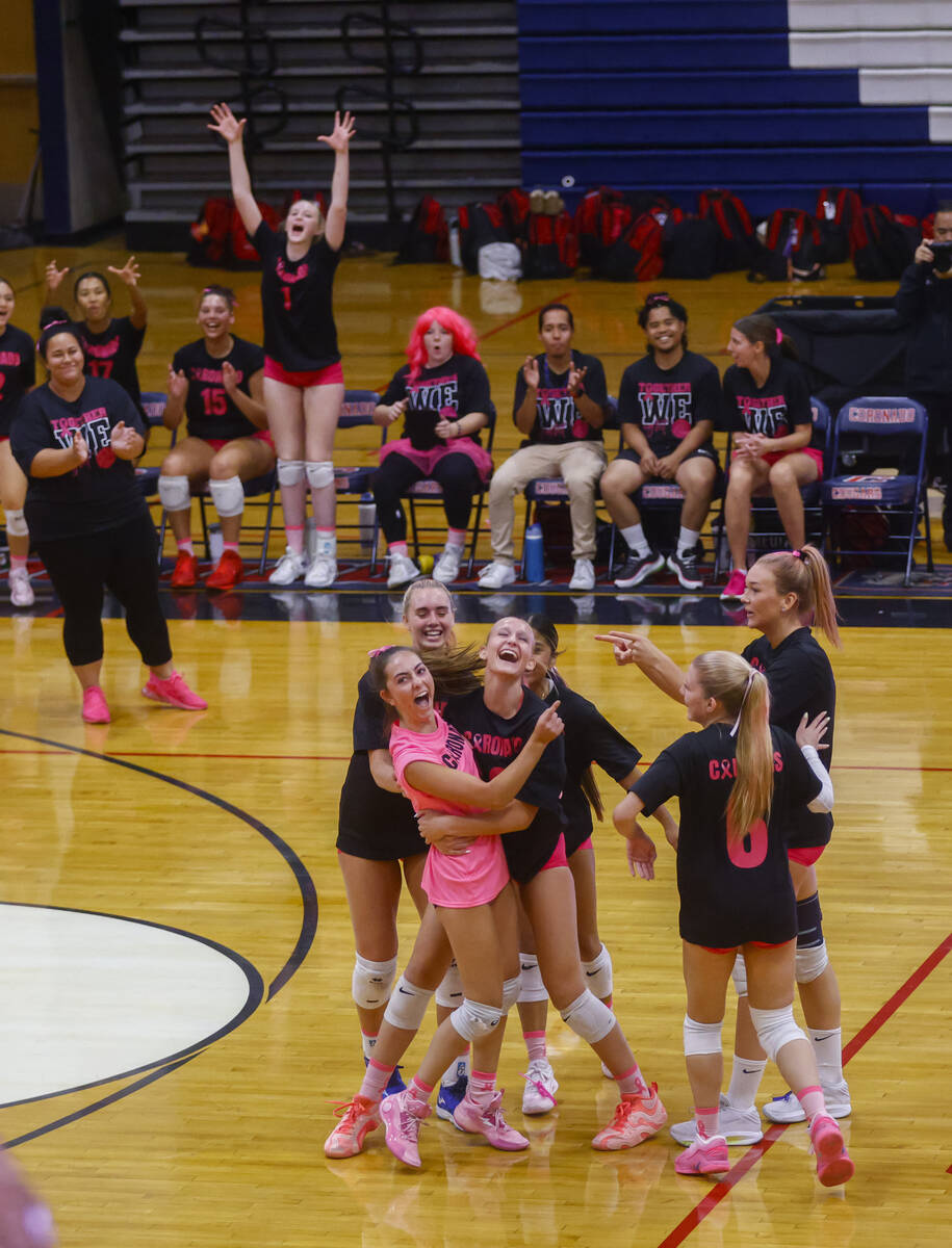 Coronado players celebrate during a volleyball game at Coronado High School on Monday, Oct. 6, ...