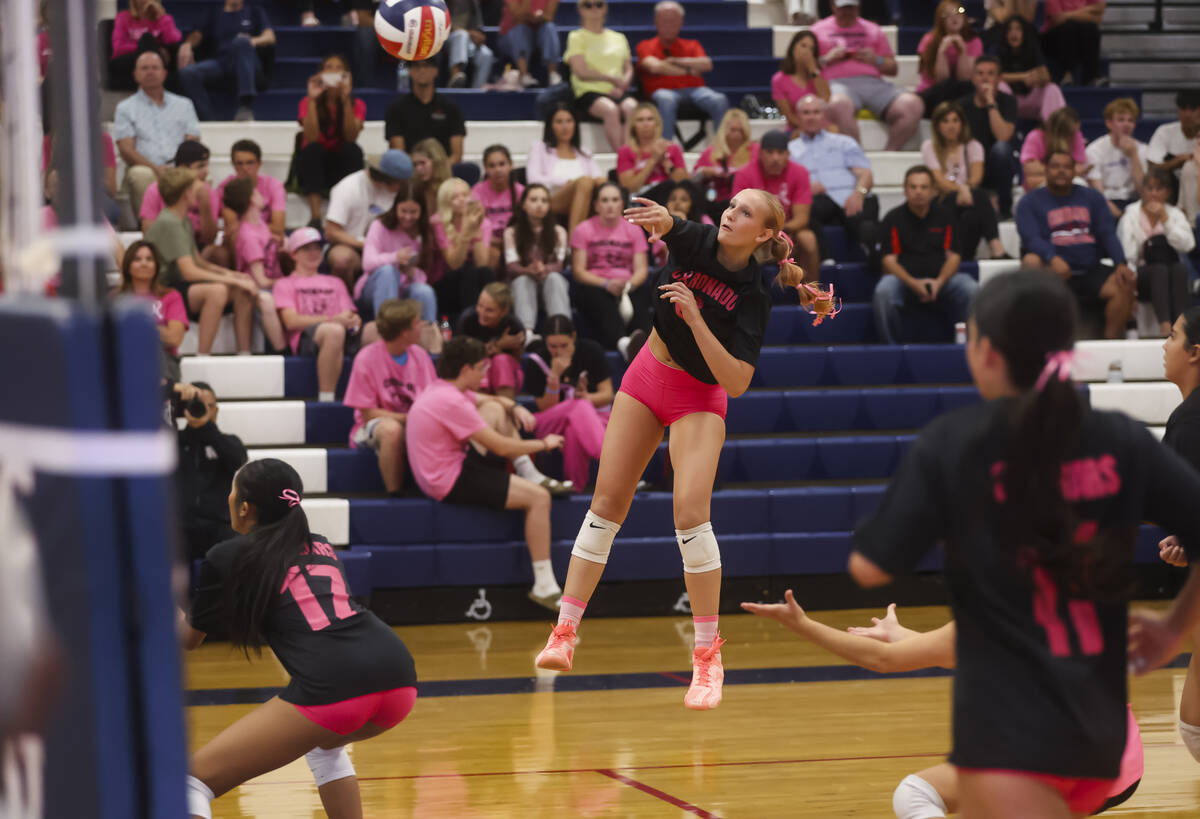 Coronado's Julie Beckham (2) sends the ball to Foothill during a volleyball game at Corona ...