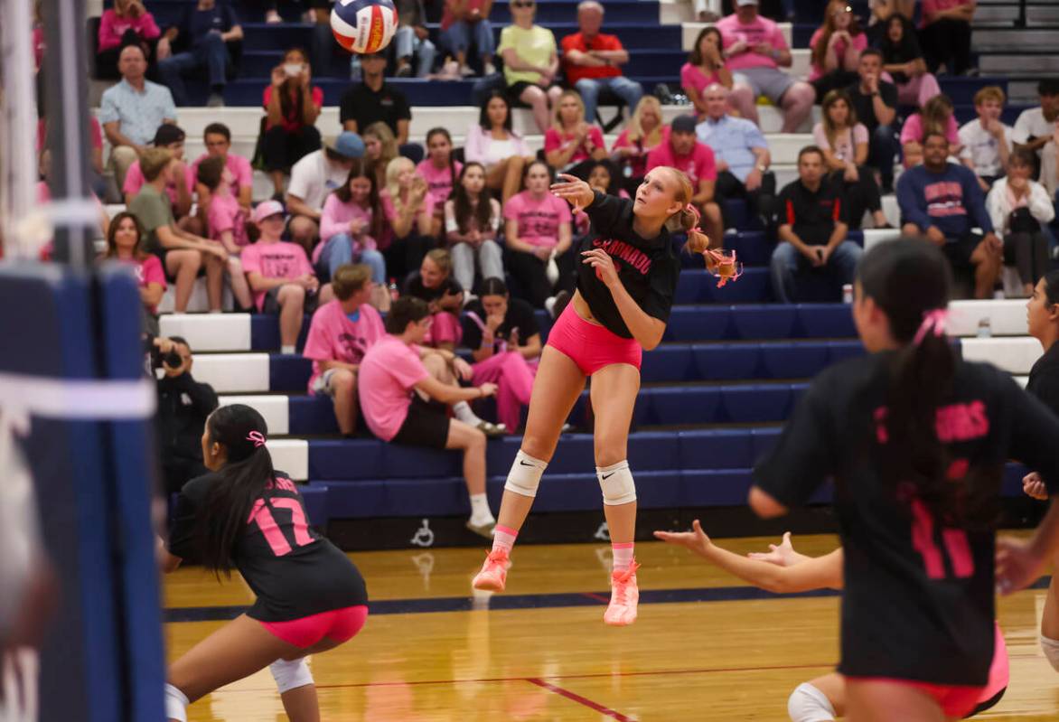 Coronado's Julie Beckham (2) sends the ball to Foothill during a volleyball game at Corona ...