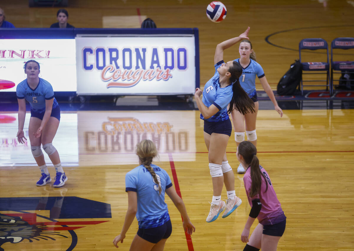 Foothill's Kiara Henderson (6) looks to hit the ball during a volleyball game at Coronado ...