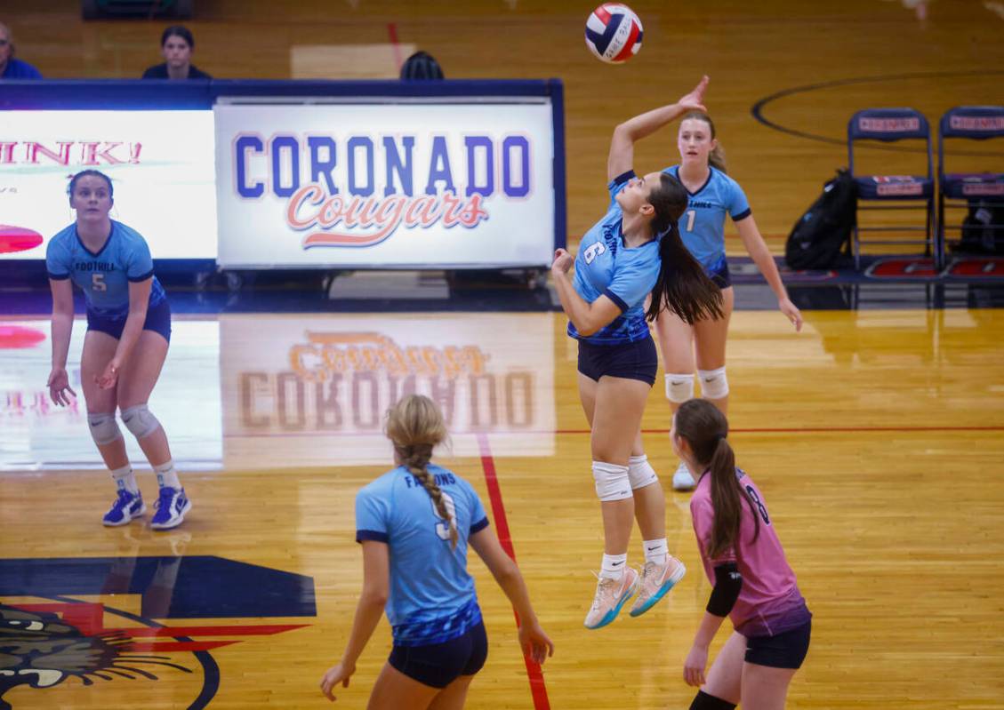 Foothill's Kiara Henderson (6) looks to hit the ball during a volleyball game at Coronado ...