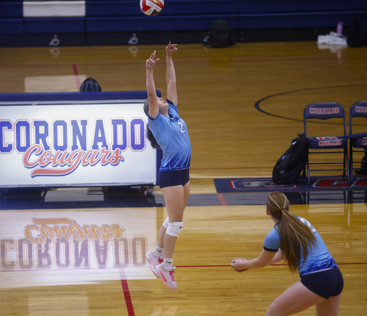 Foothill's Skylar Zach (2) sets the ball during a volleyball game at Coronado High School ...