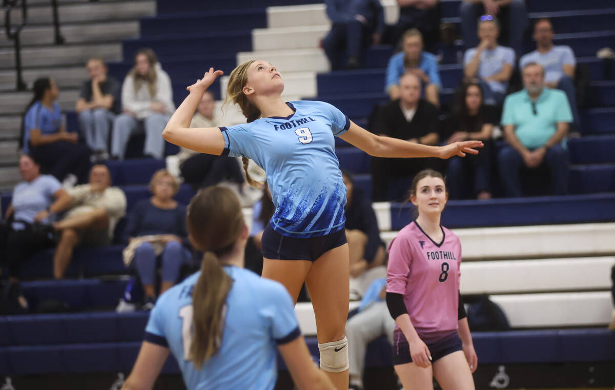 Foothill's Bryn Neibaur (9) looks to hit the ball during a volleyball game at Coronado Hig ...