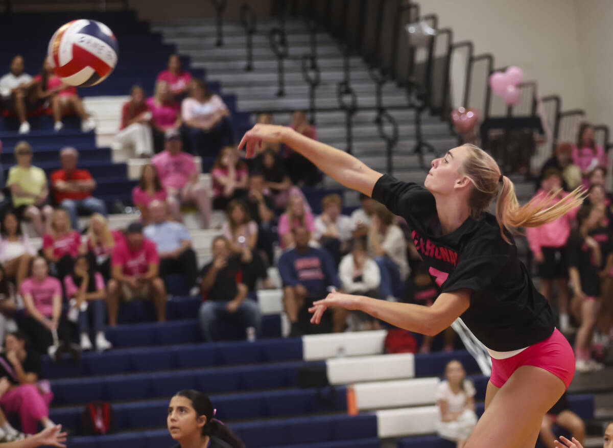 Coronado's Gentry Oblad (7) sends the ball to Foothill during a volleyball game at Coronad ...