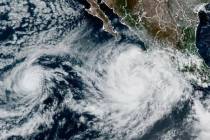 Priscilla forms in the easter Pacific off Mexico, Oct. 5, 2025. (NOAA via AP)