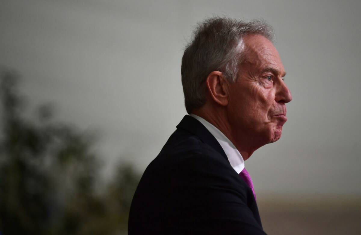 Former British Prime Minister Tony Blair speaks in Belfast, Northern Ireland, April 19, 2023. ( ...