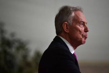 Former British Prime Minister Tony Blair speaks in Belfast, Northern Ireland, April 19, 2023. ( ...