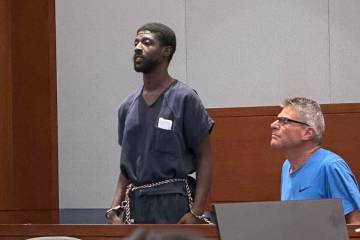 Oh’Ryan Brooks, center, appears in court Tuesday, Oct. 7, 2025, in Las Vegas. (Cynt ...