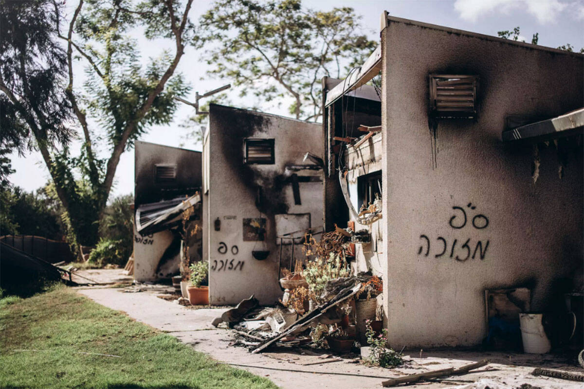 Destroyed homes in Kibbutz Be'eri after the Hamas attacks of Oct. 7, 2023. (Micha Brickman ...
