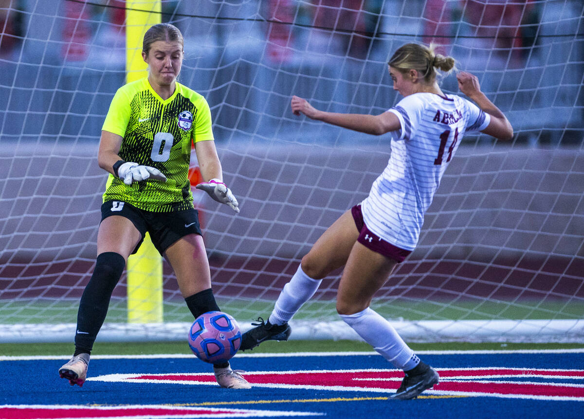 Coronado goalie Lilian Foss (0) takes on Faith Lutheran's Kloe Abdalla (14) as she attempt ...