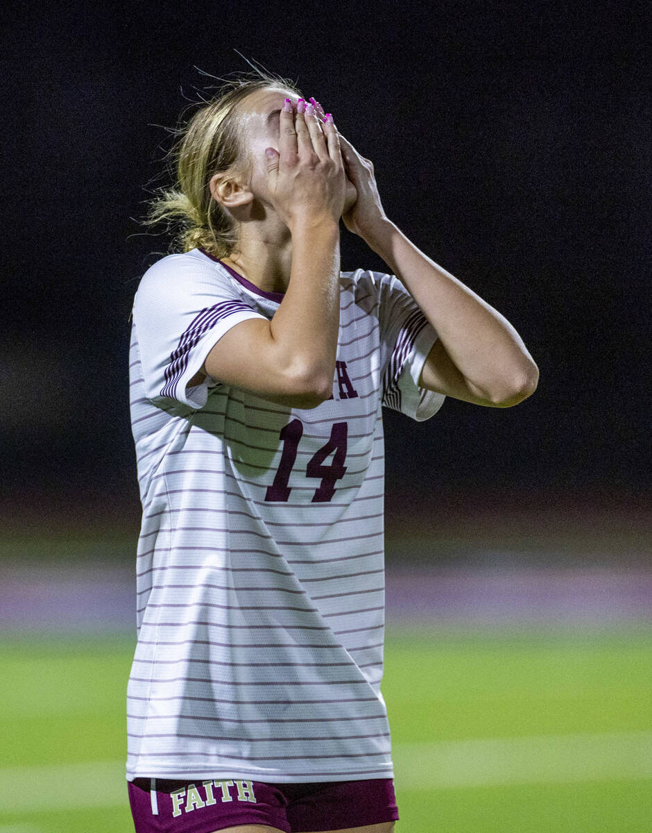 Faith Lutheran's Kloe Abdalla (14) is frustrated at a near miss scoring against Coronado d ...