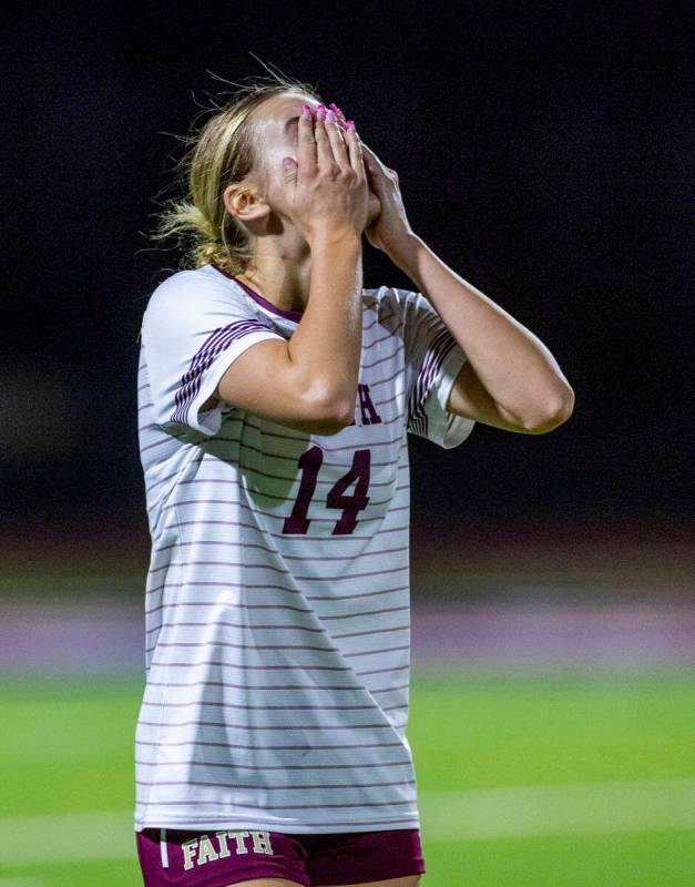 Faith Lutheran's Kloe Abdalla (14) is frustrated at a near miss scoring against Coronado d ...