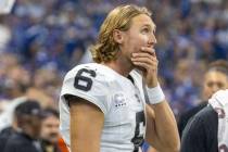 Raiders punter AJ Cole (6) reacts as he watches the team play the Indianapolis Colts during the ...