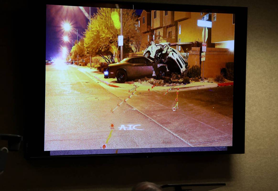 An evidence photo is shown as Las Vegas police Detective David Figueroa testifies in court duri ...