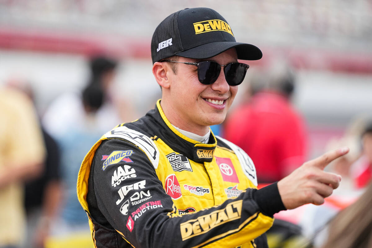 Christopher Bell points prior to a NASCAR Cup Series auto race at Charlotte Motor Speedway, Sun ...