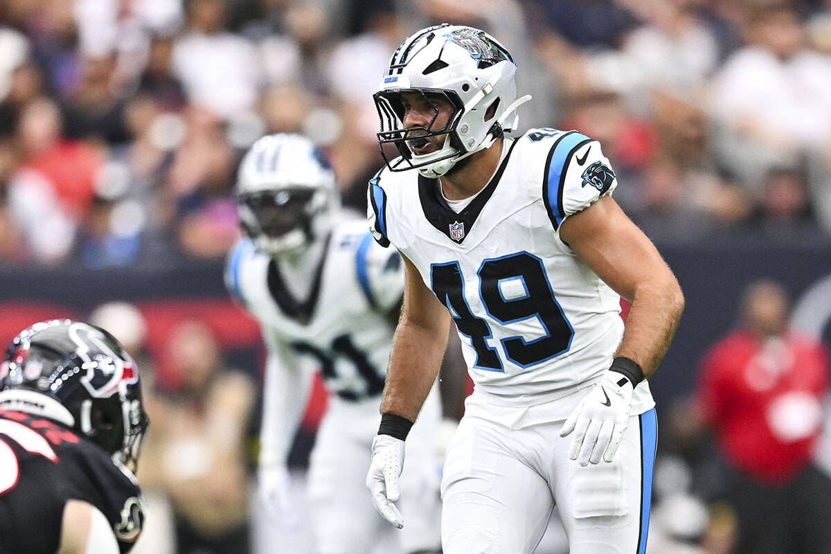 Carolina Panthers linebacker Jon Rhattigan (49) lines up during an NFL preseason football game ...