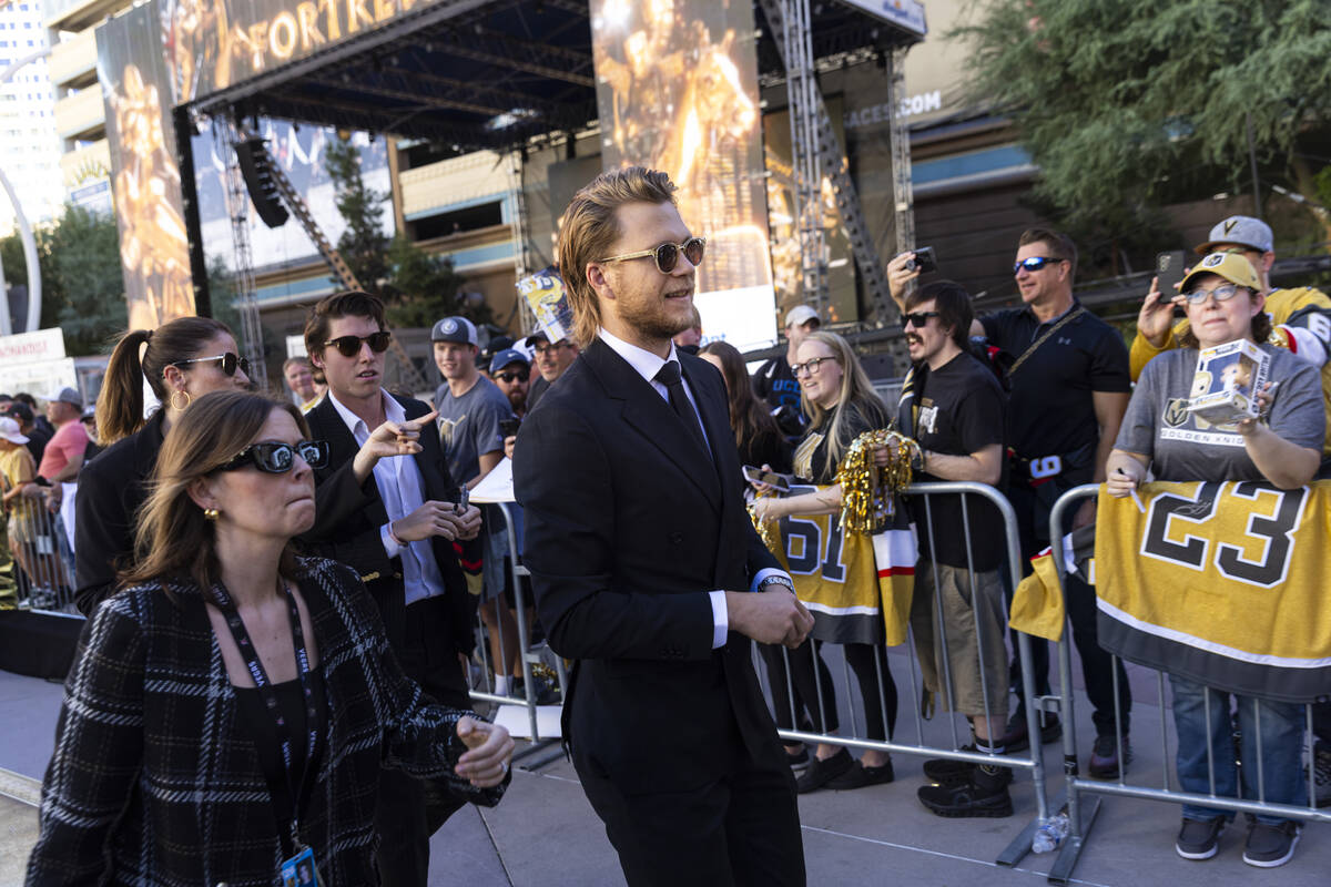 Golden Knights center William Karlsson walks the gold carpet ahead of the team's season-op ...