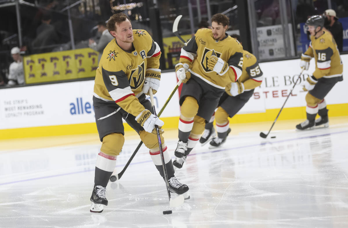 Golden Knights center Jack Eichel (9) warms up for the season-opening NHL hockey game against t ...