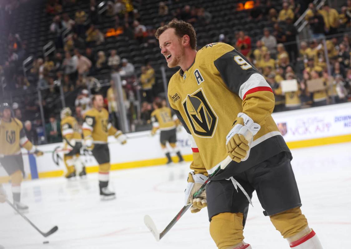 Golden Knights center Jack Eichel (9) warms up for the season-opening NHL hockey game against t ...