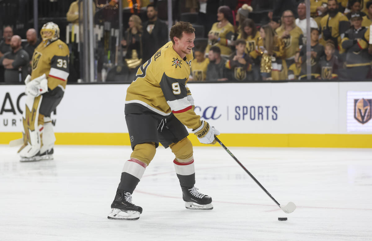 Golden Knights center Jack Eichel (9) warms up for the season-opening NHL hockey game against t ...