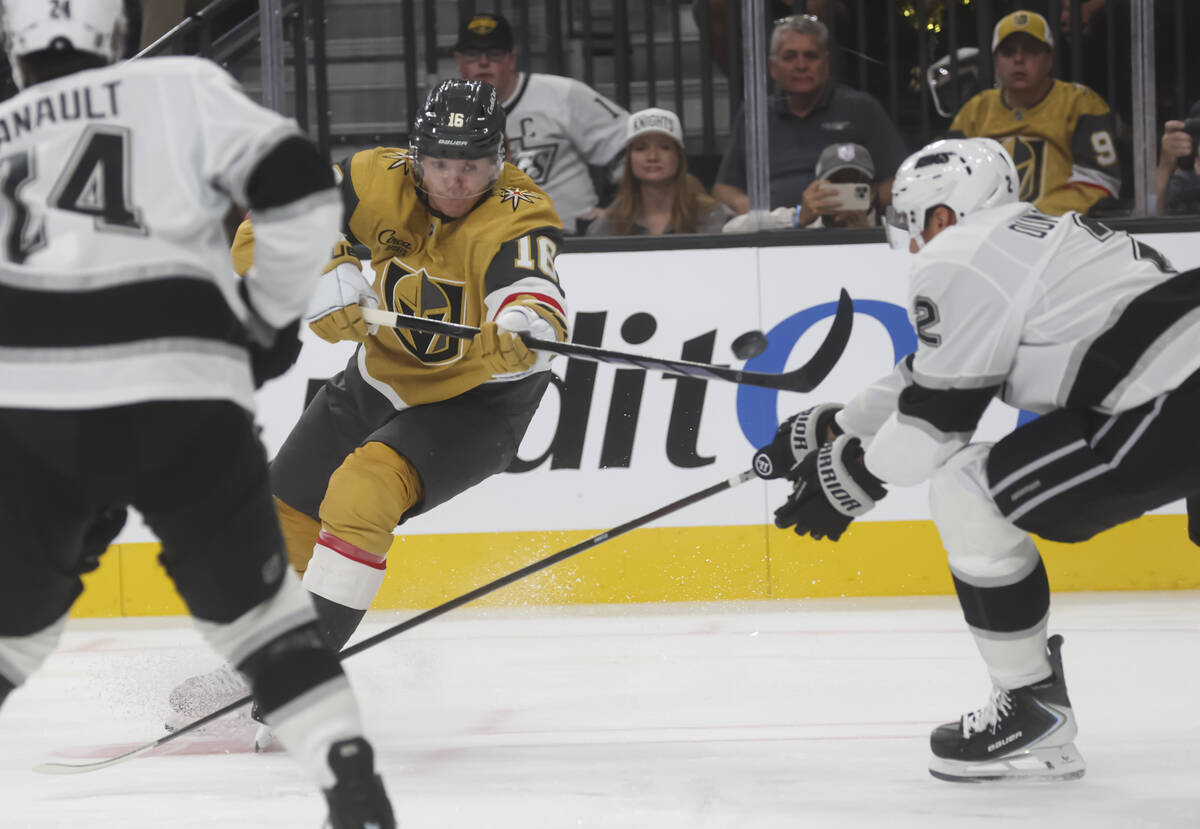 Golden Knights right wing Pavel Dorofeyev (16) passes the puck past Los Angeles Kings defensema ...