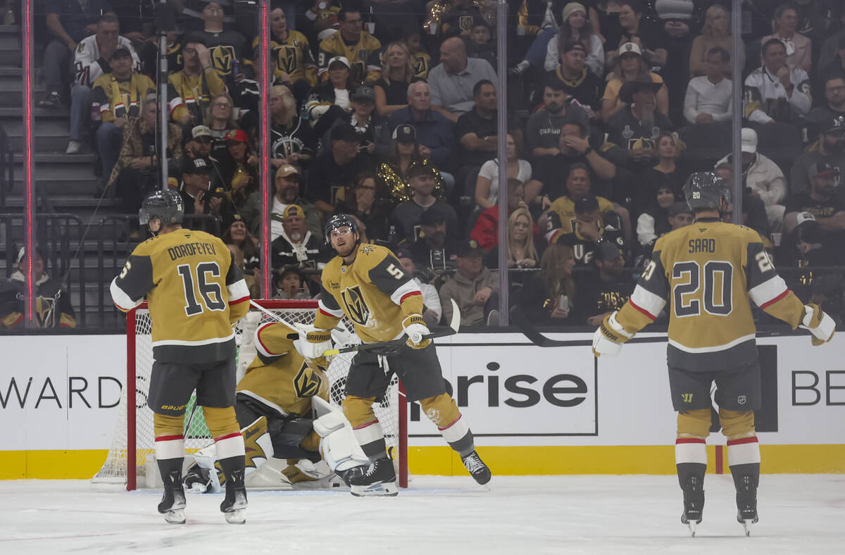 The Golden Knights give up a goal to the Los Angeles Kings during the first period of their sea ...