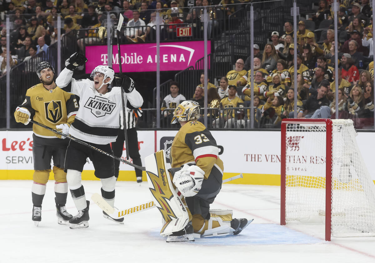 Los Angeles Kings left wing Jeff Malott (39) celebrates the team’s goal past Golden Knig ...