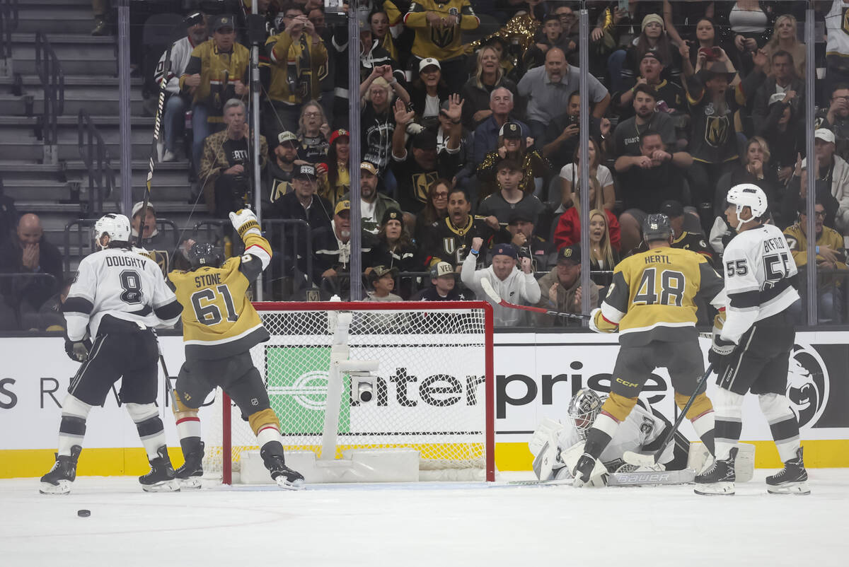 The Golden Knights celebrate a hat trick goal by Golden Knights right wing Pavel Dorofeyev, out ...